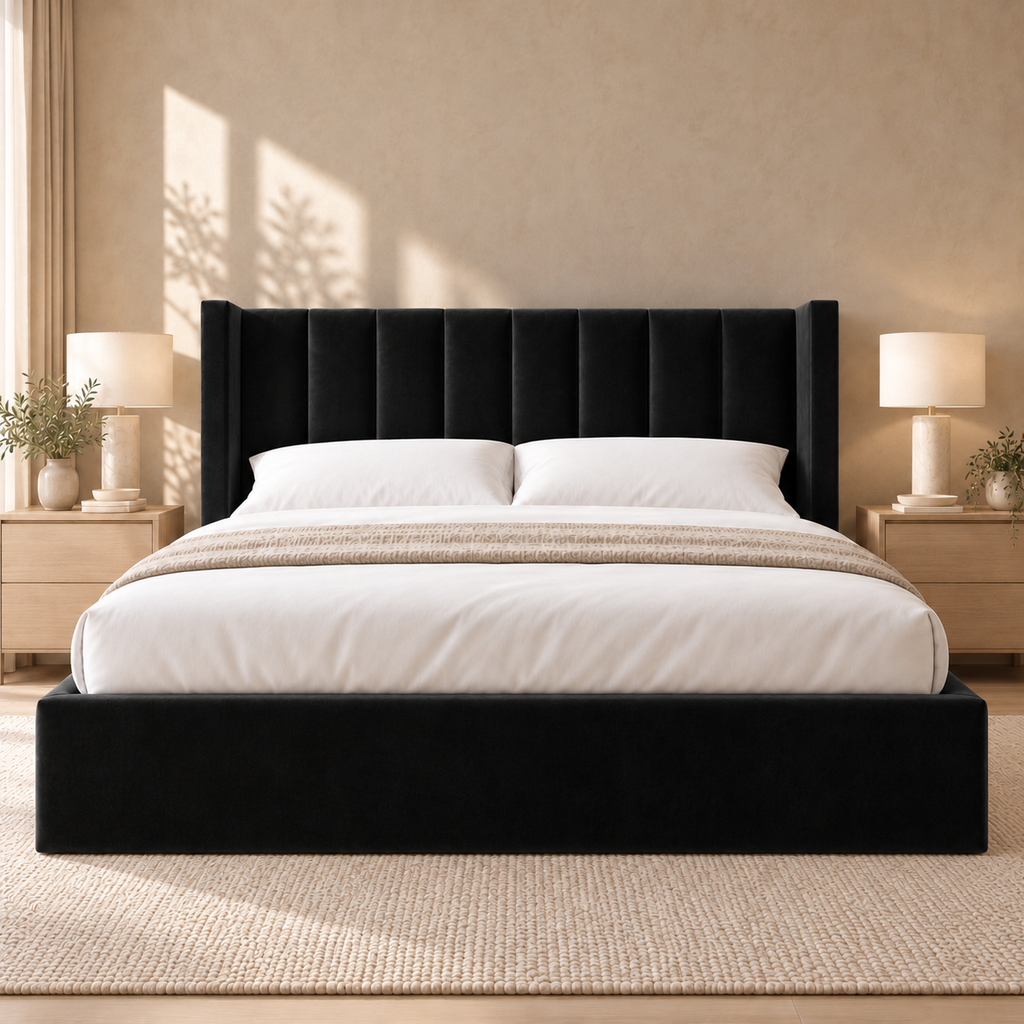 Ashford upholstered wingback bed in Black Plush with shorter headboard, front view – visualisation