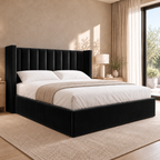 Ashford upholstered wingback bed in Black Plush with shorter headboard, opposite angle – visualisation