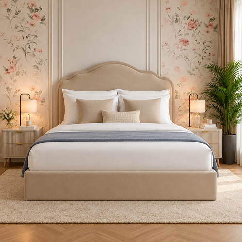 Avellina Luxury Fabric Bed Frame, front view – room visualisation
