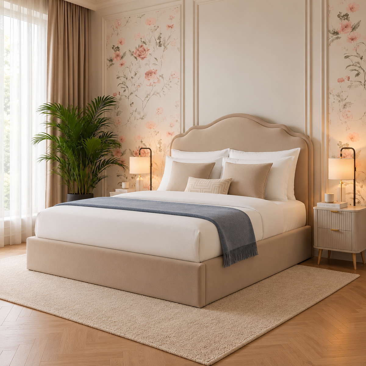 Avellina Luxury Fabric Bed Frame, opposite angle – room visualisation