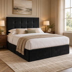 Bramley Buttoned Upholstered Divan Bed in black plush velvet, three-quarter bedroom view – design visualisation
