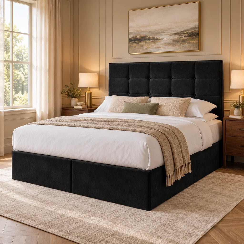 Bramley Buttoned Upholstered Divan Bed in black plush velvet, opposite three-quarter bedroom view – design visualisation
