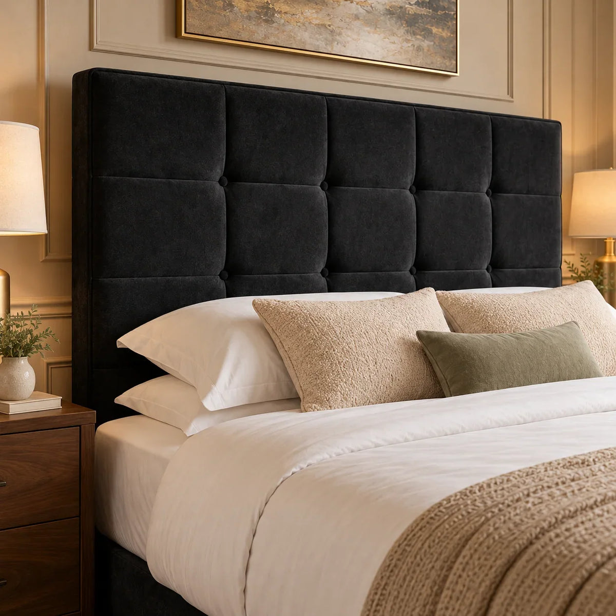 Bramley Buttoned Upholstered Divan Bed in black plush velvet, headboard upholstery detail – design visualisation