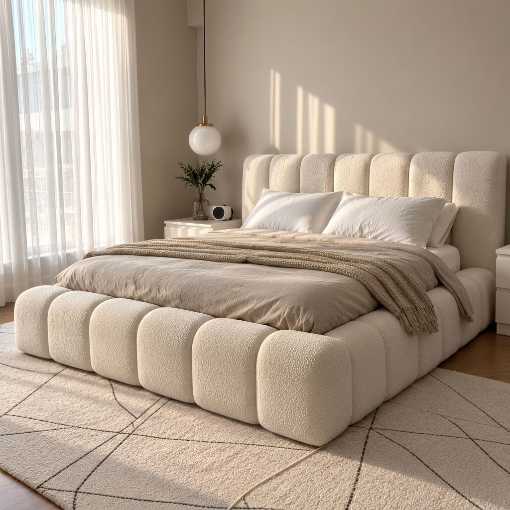 A modern cloud bed with a chunky, tufted upholstered frame in cream boucle fabric, styled with neutral beige bedding and a textured throw blanket in a bright, sunlit bedroom.