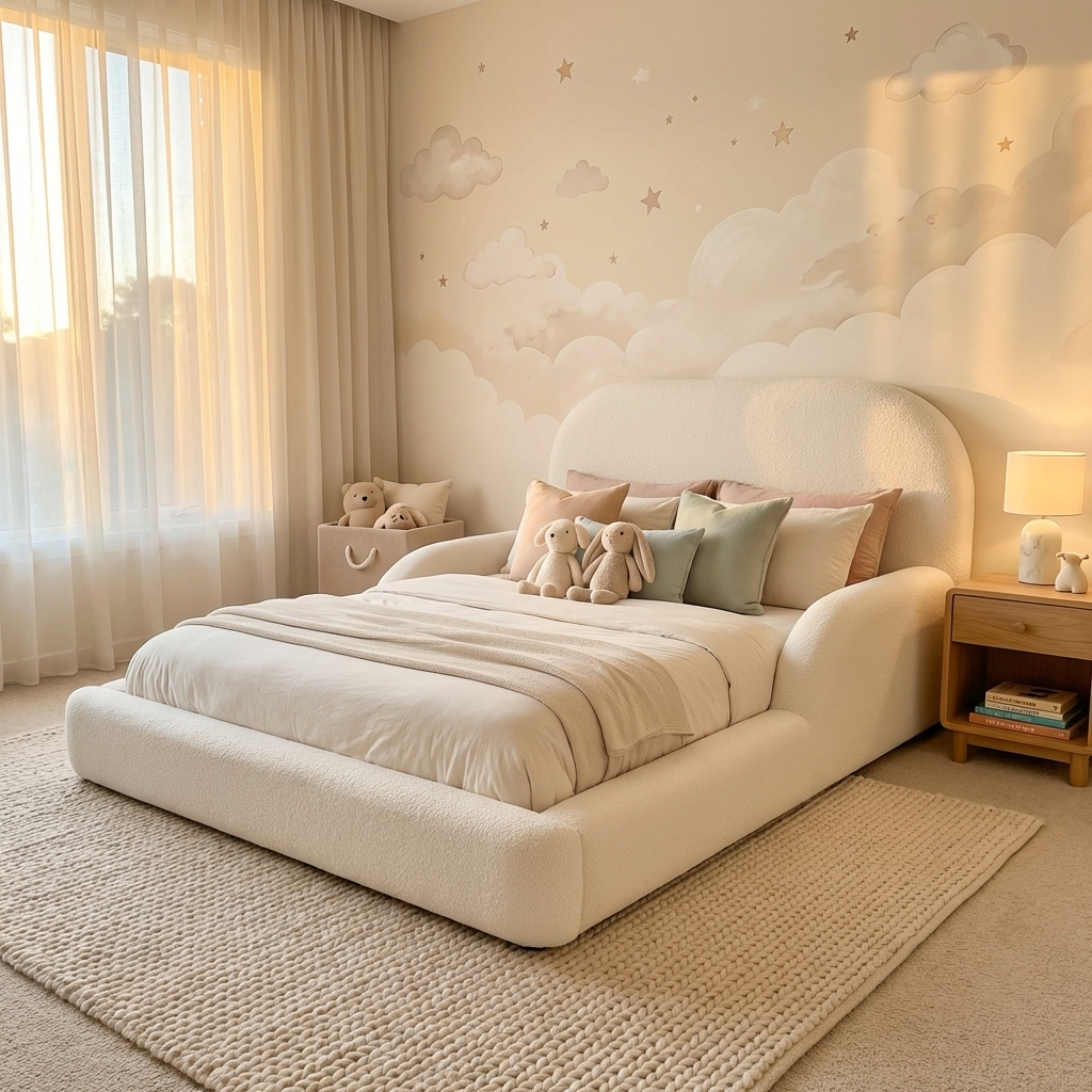 CloudNest kids bed in bouclé fabric with curved upholstered frame