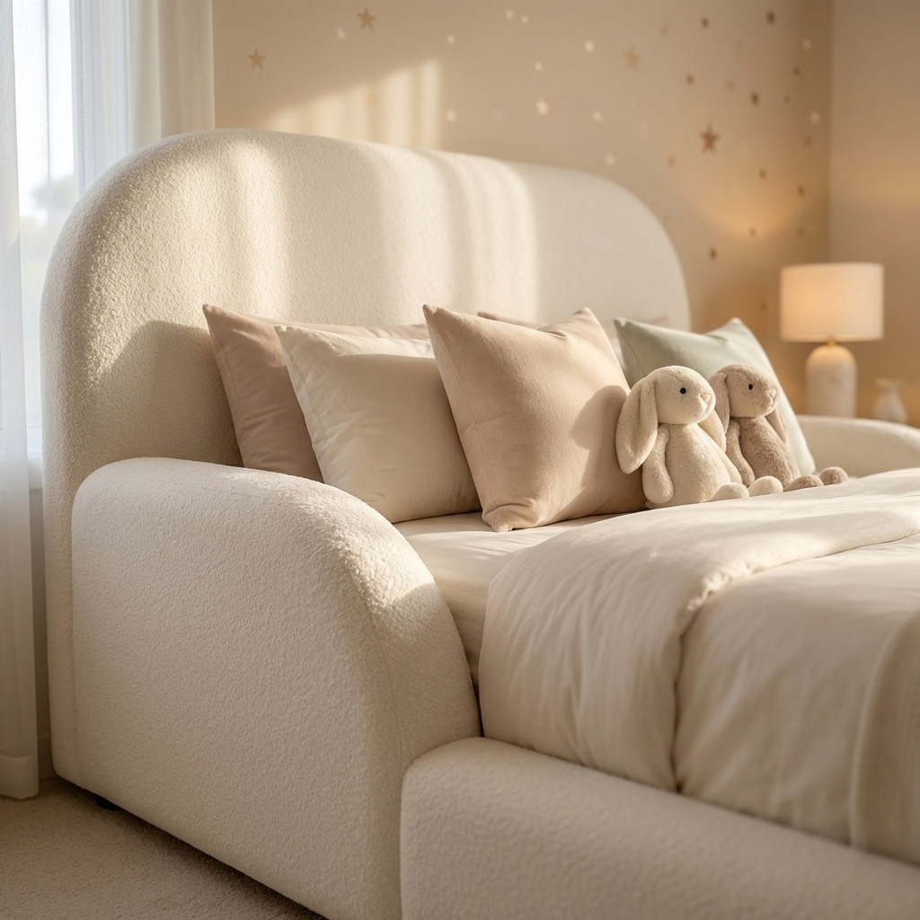 Curved padded edge of CloudNest bouclé kids bed for safety