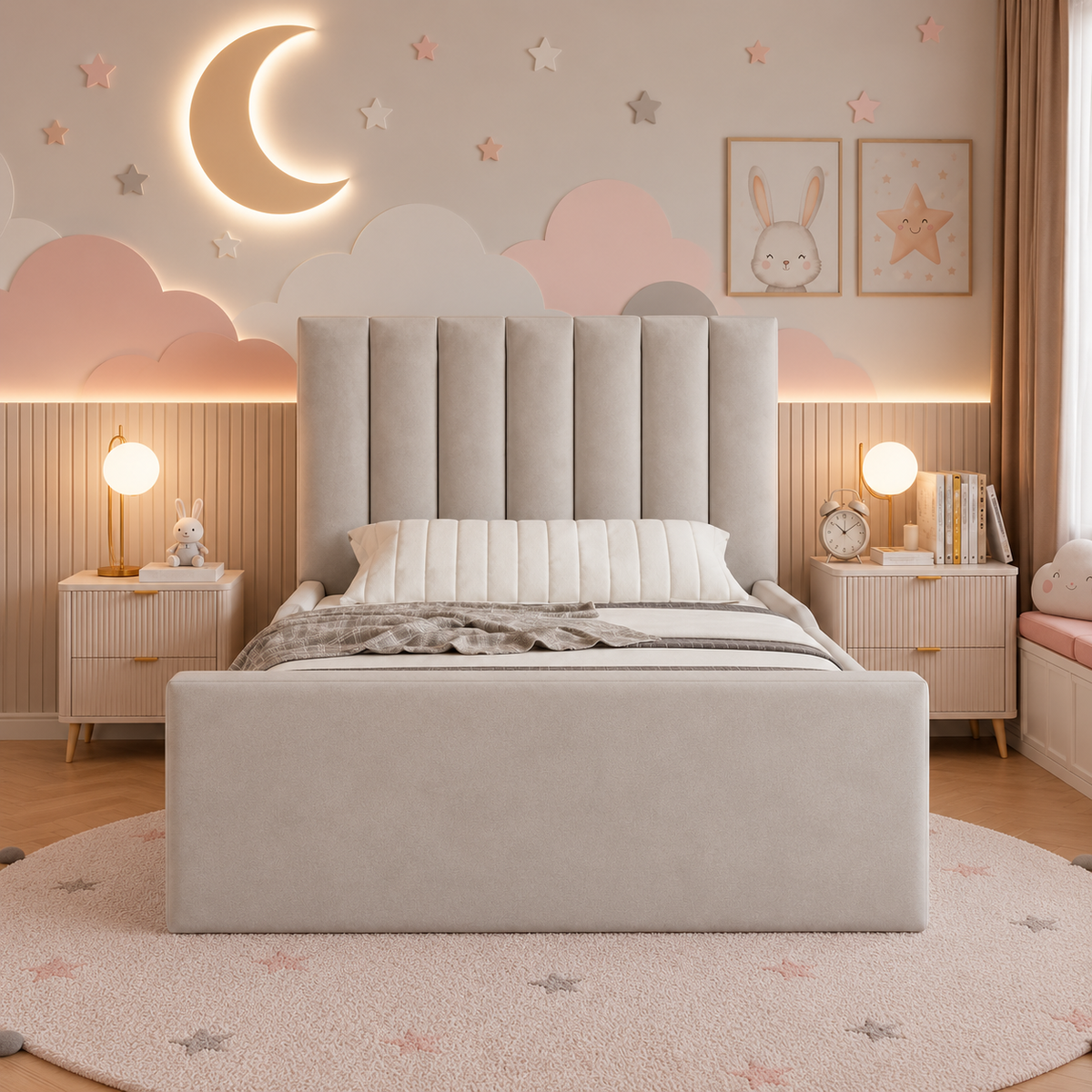 Cuddles Kids Upholstered Bed Frame, front view – room visualisation