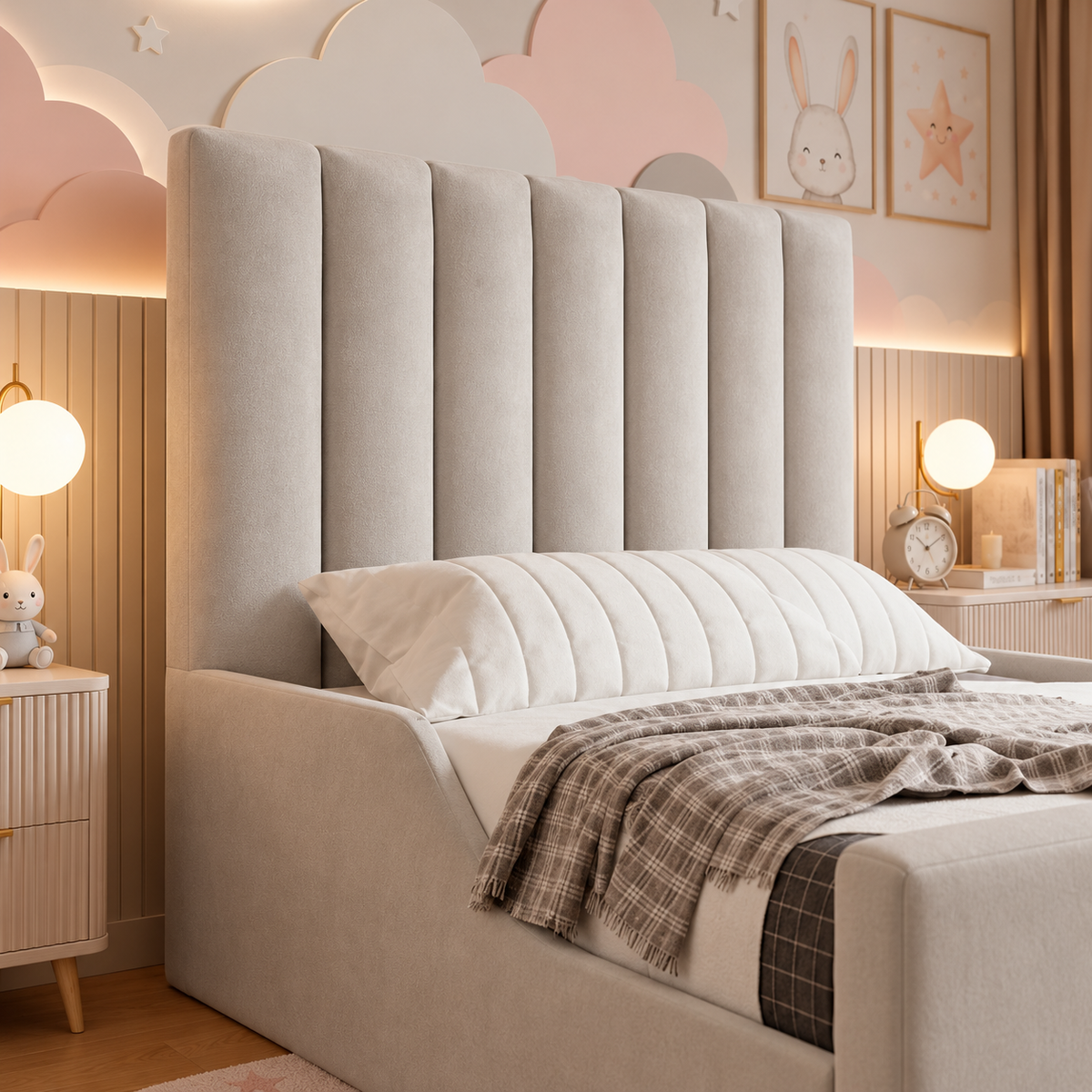 Cuddles Kids Upholstered Bed Frame, headboard detail – room visualisation