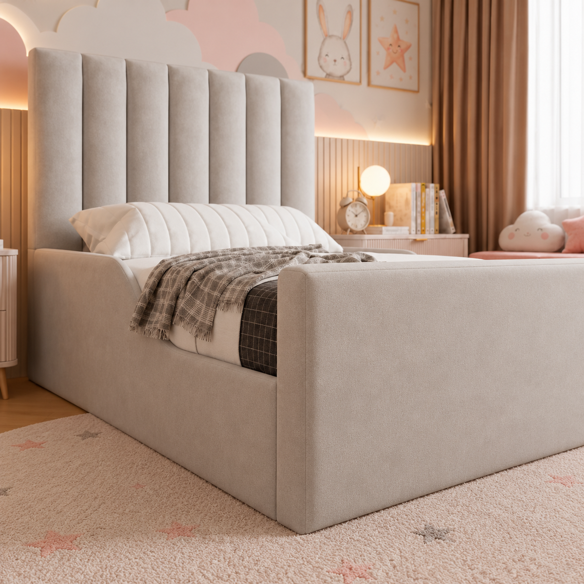 Cuddles Kids Upholstered Bed Frame, footboard and side detail – room visualisation