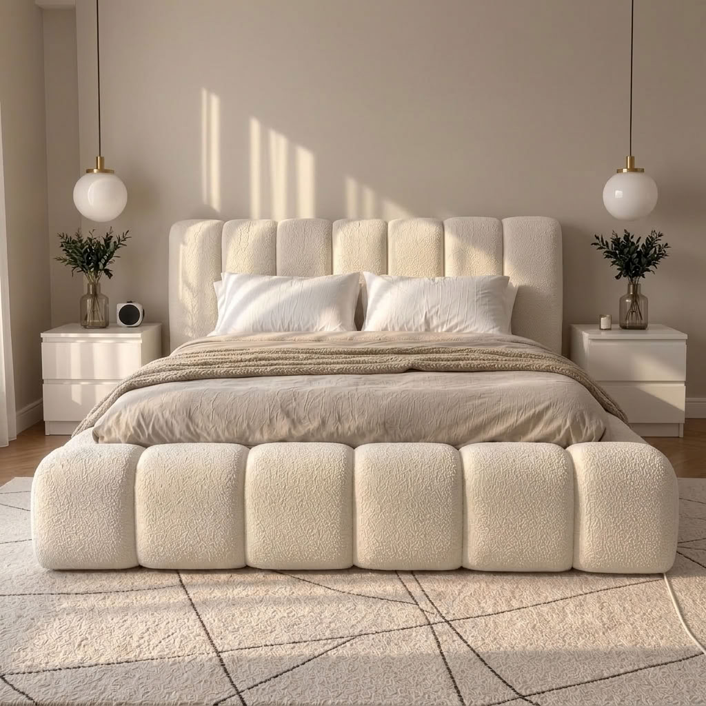 A modern upholstered bed with a chunky segmented headboard and matching footboard in a warm cream bouclé fabric, styled in a minimalist beige bedroom with white pillows, neutral bedding, matching nightstands, and hanging pendant lights.