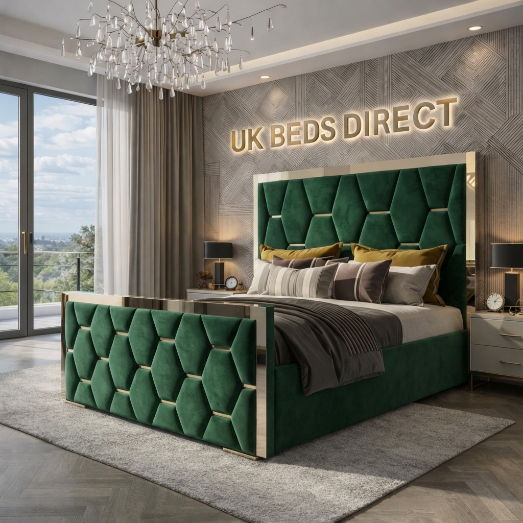 Modern bedroom with a green upholstered bed and 'UK Beds Direct' sign.