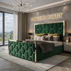 Modern bedroom with a green upholstered bed and 'UK Beds Direct' sign.