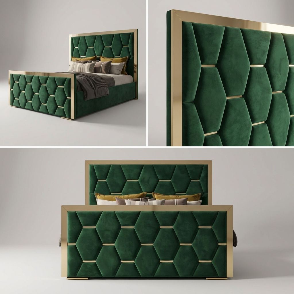 Green upholstered bed with geometric pattern on a white background