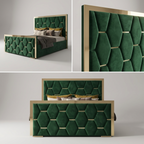Green upholstered bed with geometric pattern on a white background