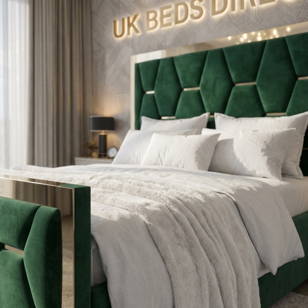 Modern bedroom with green headboard and white bedding, featuring 'UK Beds Direct' branding.