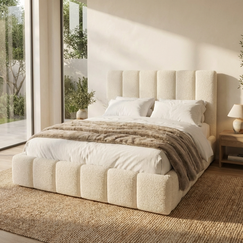 Luxury Cloud Block Bouclé Bed in Cream Fabric – Modern Bedroom Design