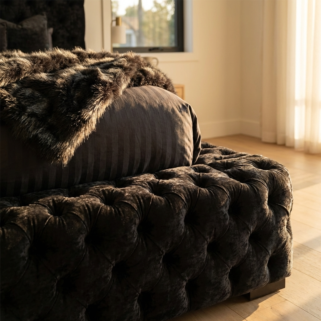 Dark gray tufted sofa with fur throw in a room with natural light