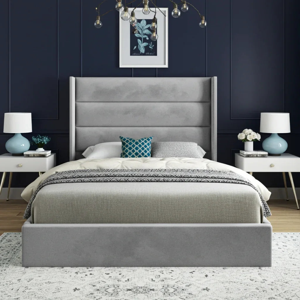 Oslo Straight Winged Bed Frame – Modern Minimalist Velvet Design