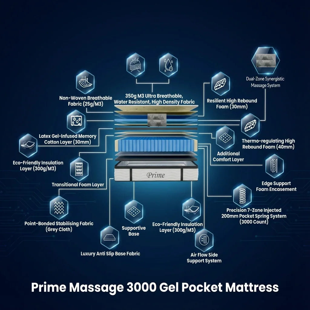 Prime Massage Mattress – 3000 Pocket Gel Springs & Integrated Kneading Massage Function