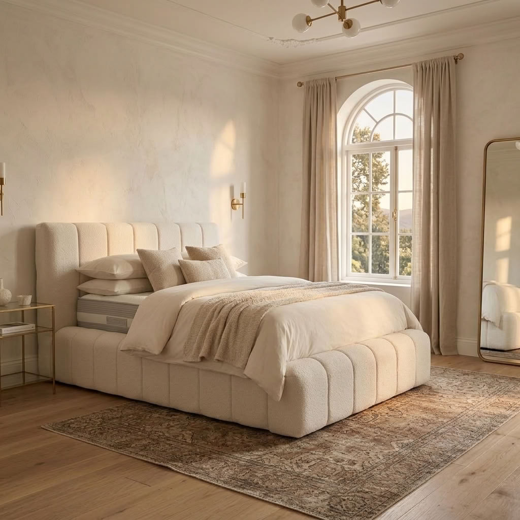 Elegant 2026 Cloud Bed with upholstered headboard and frame, showcasing its sleek design and plush fabric for a luxurious bedroom look.