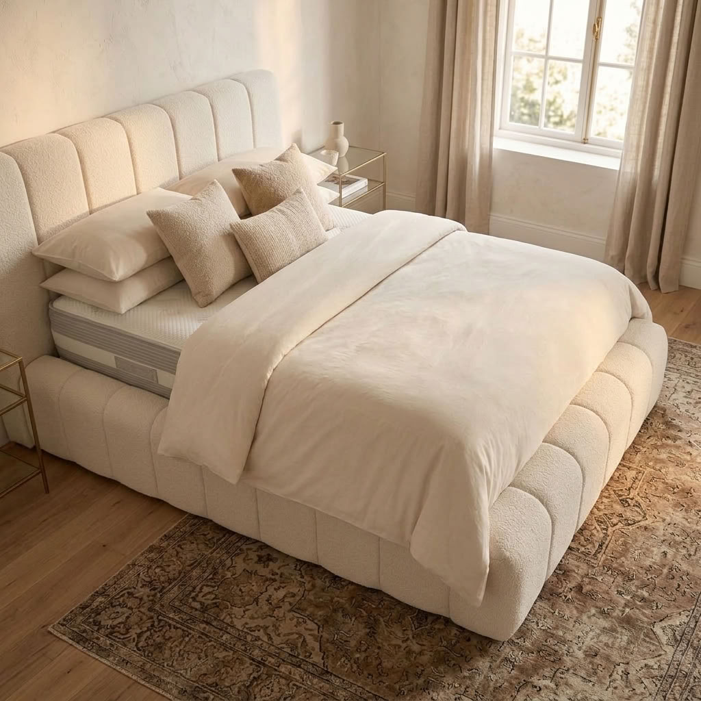 Modern 2026 Cloud Bed with ultra comfort upholstered bed frame in neutral fabric, showcasing its plush headboard and sturdy construction.