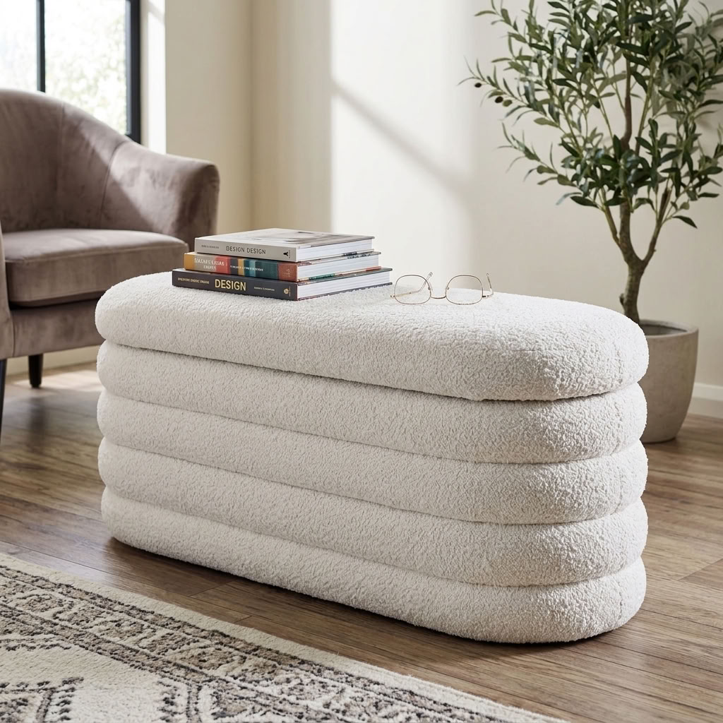 Boucle upholstered ottoman storage box with cushioned top and wooden legs, ideal for living room or bedroom storage.