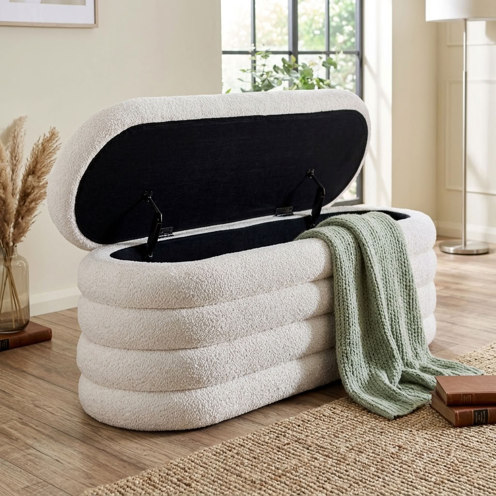 Soft beige boucle upholstered Ottoman storage box with cushioned top and wooden legs, ideal for living room or bedroom decor.