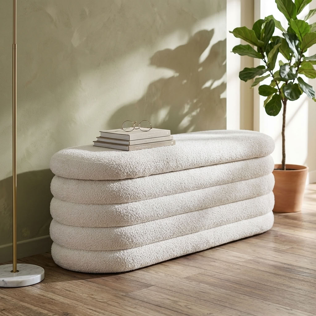 Boucle upholstered ottoman storage box with wooden legs, featuring a soft beige fabric and plush cushioned top.