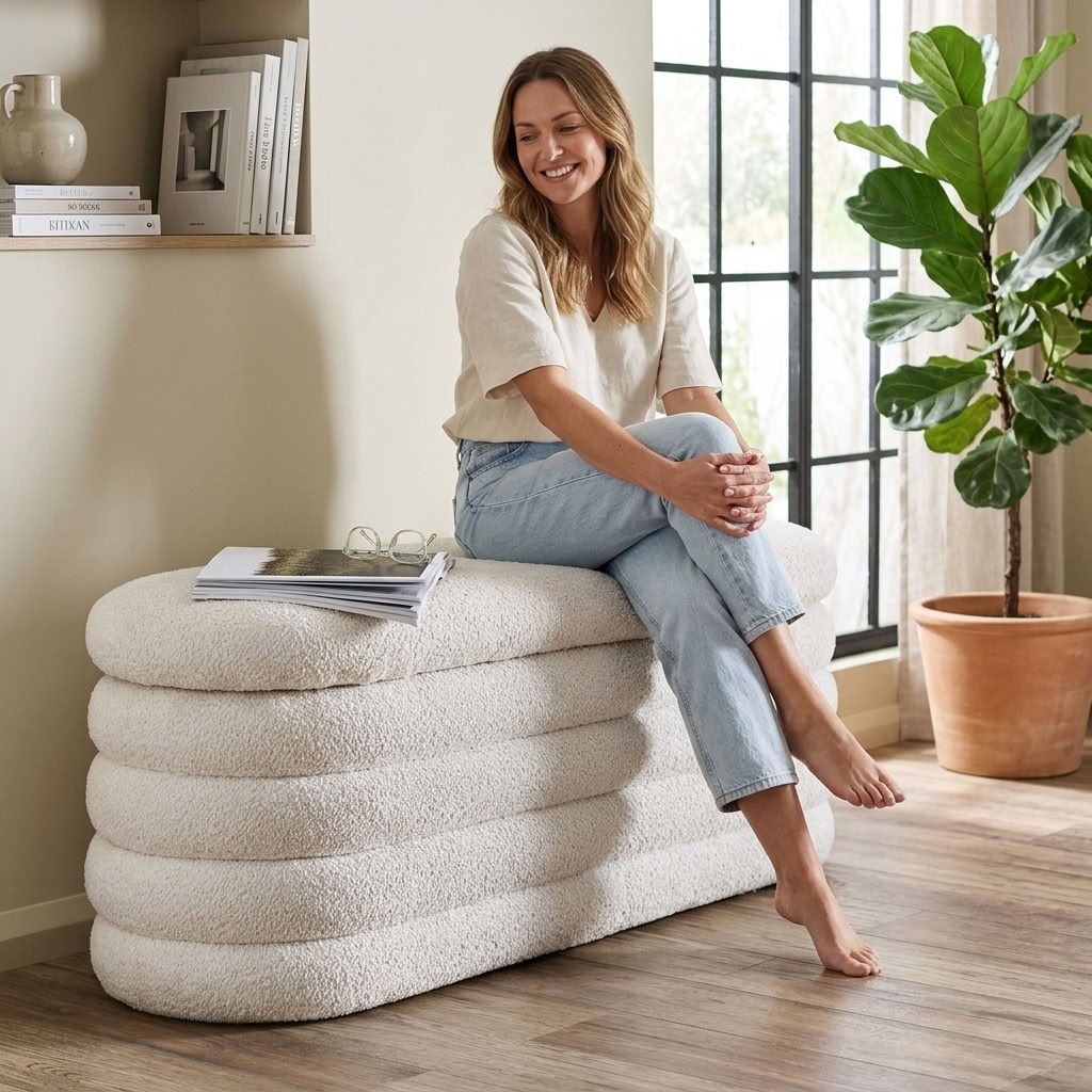 Boucle upholstered ottoman storage box with wooden legs, soft beige fabric, and padded top for seating and storage.