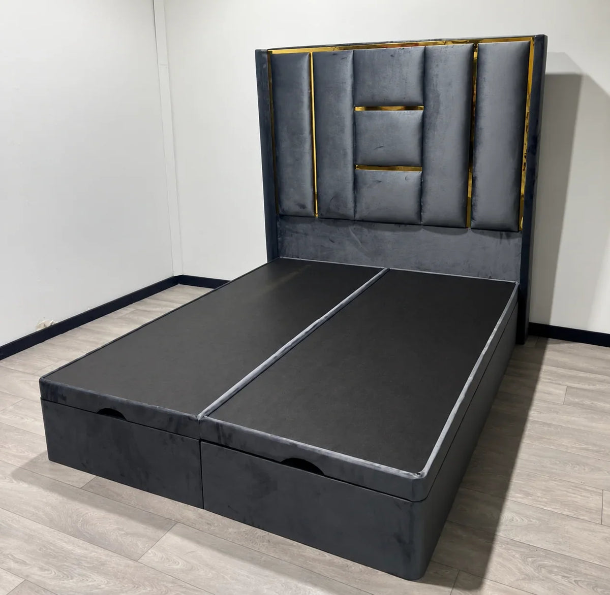 Luxe Panel Upholstered Bed Frame with Gold Detailing