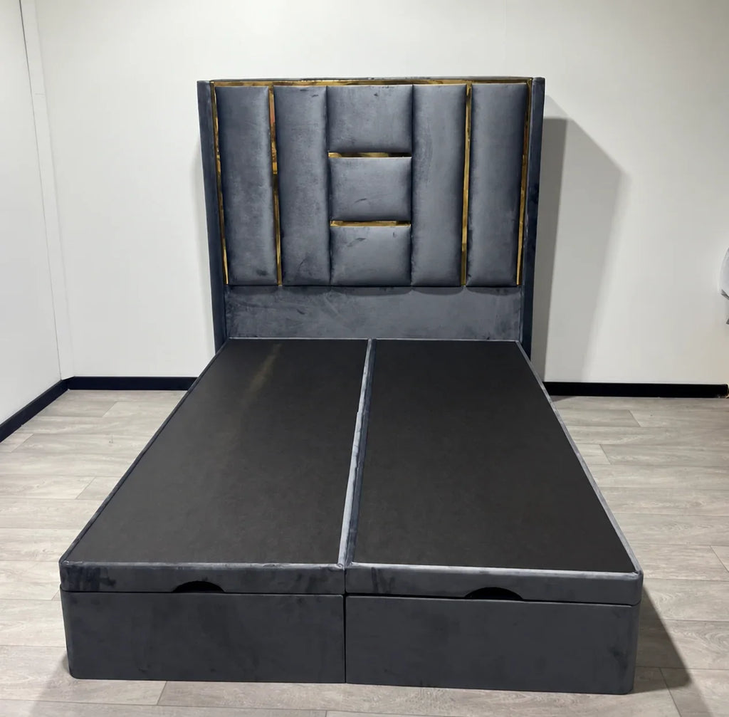 Luxe Panel Upholstered Bed Frame with Gold Detailing