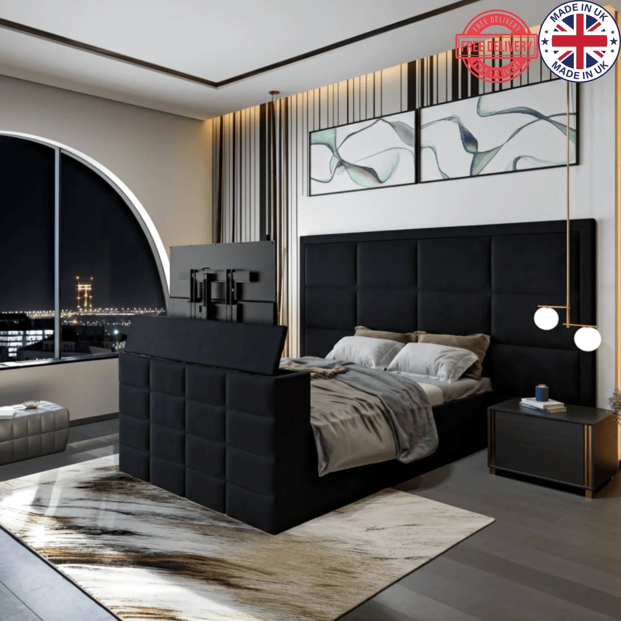 Nero Tufted Upholstered TV Bed in Black with Integrated TV Lift – UK Beds Direct