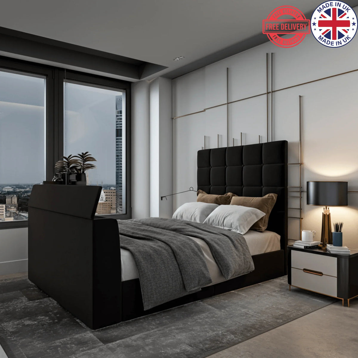 Modern bedroom featuring a upholstered TV bed with cube-stitched headboard and UK Beds Direct logo on the wall