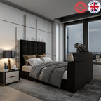 Modern bedroom featuring a upholstered TV bed with cube-stitched headboard and UK Beds Direct logo on the wall