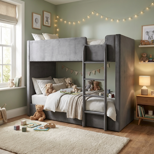 Modern grey upholstered kids bunk bed in cosy bedroom with soft lighting