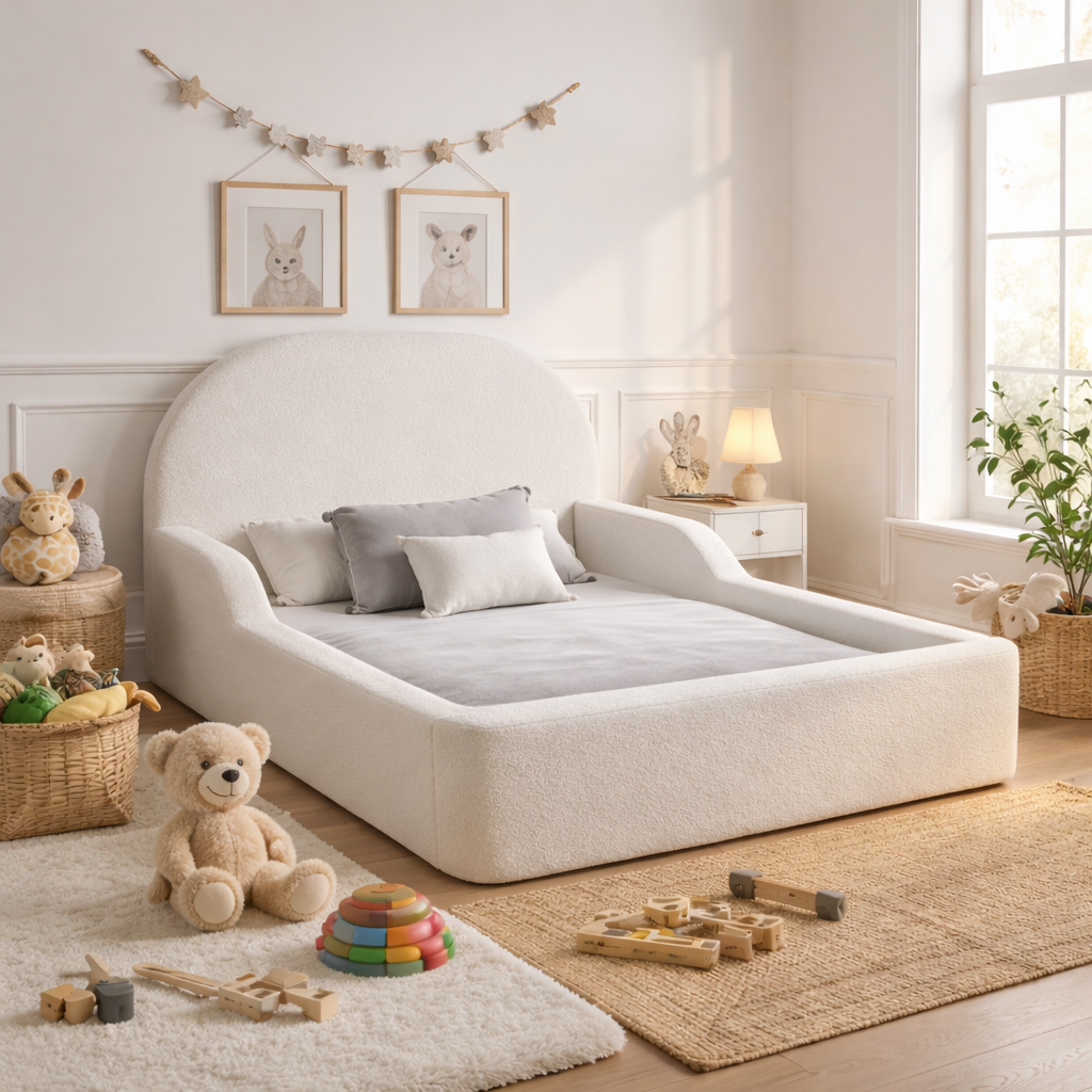 LunaNest kids bed in bouclé fabric with curved upholstered frame