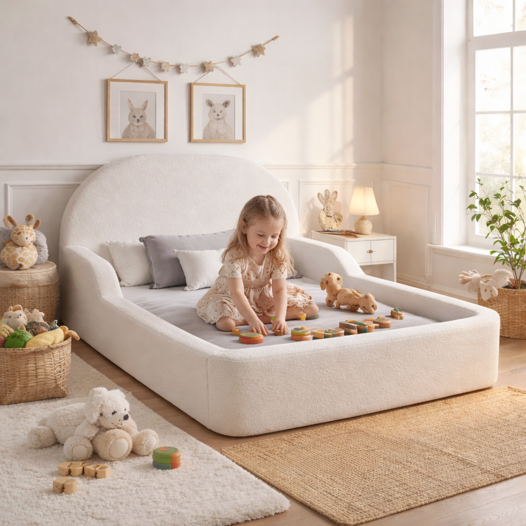 Child playing on LunaNest bouclé kids bed in modern bedroom