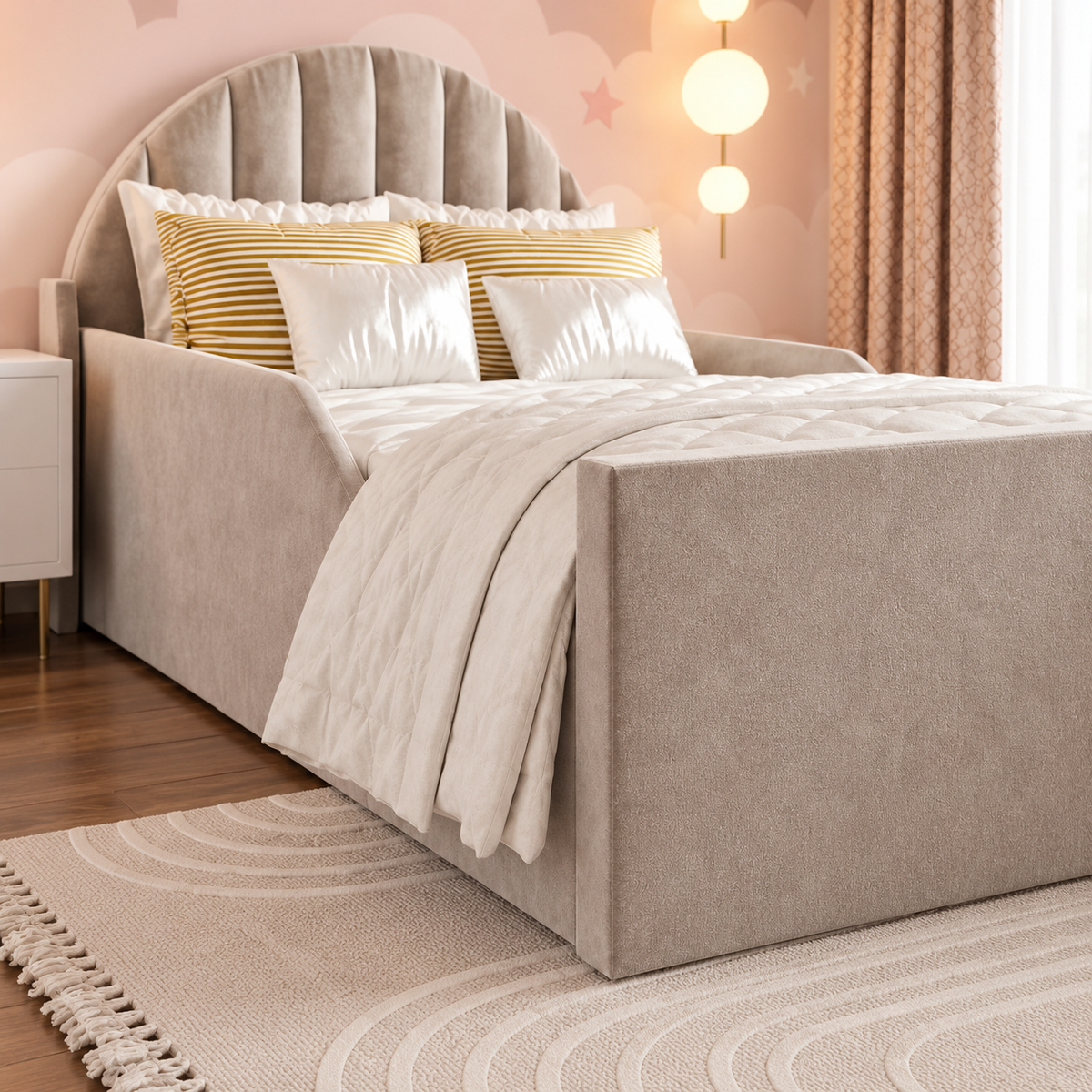 Moonbeam Kids Upholstered Bed, footboard and side detail – room visualisation