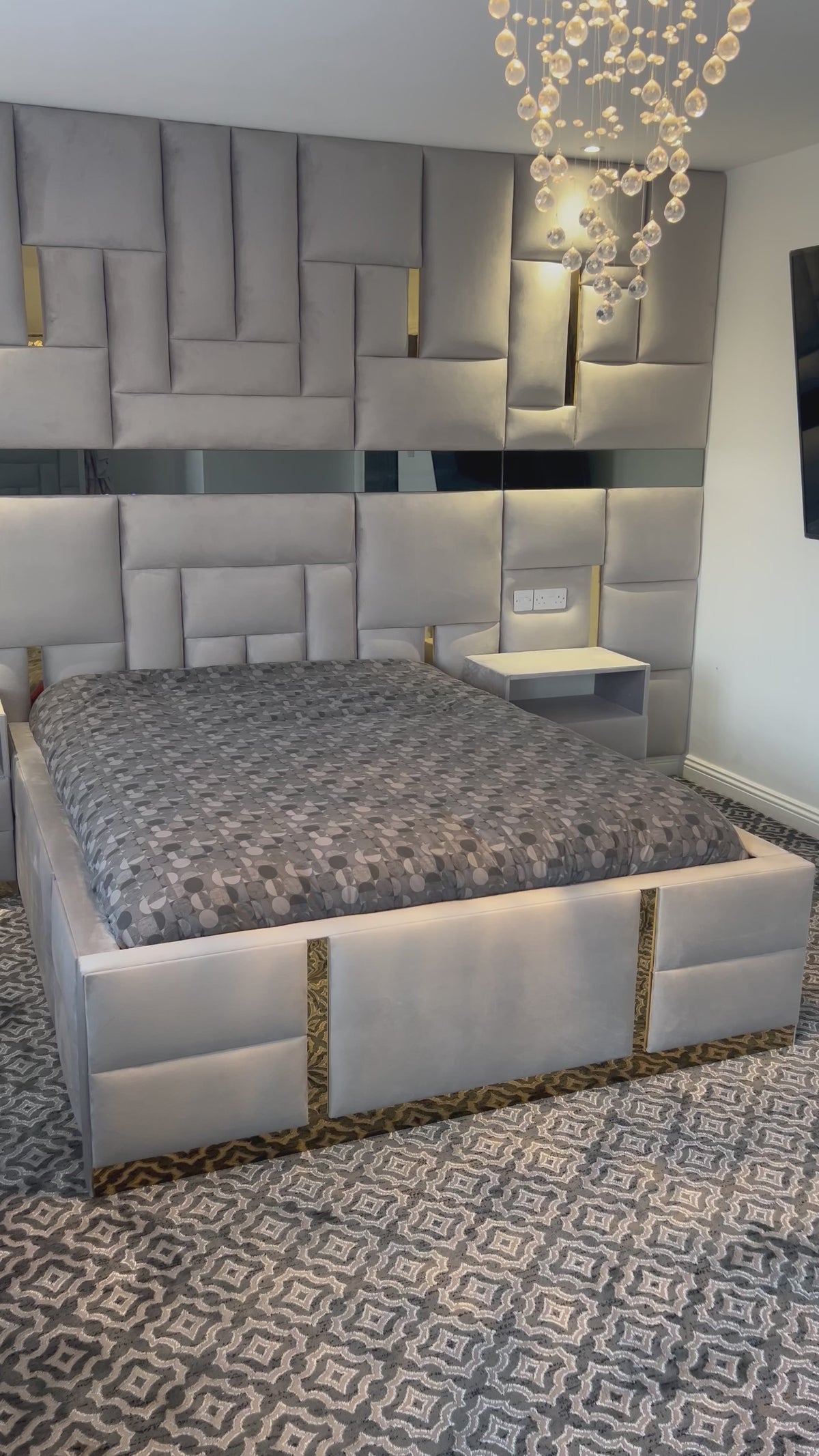 SilverLine Wall Panel Bed – Modern Upholstered Bed Frame with Sleek Silver Strip