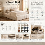 A promotional infographic for the Cloud Bed, a luxury upholstered bed. The image features a large bed in the center styled with beige and white bedding, surrounded by informational panels detailing the bed's features, available sizes, fabric color options, and ottoman storage.