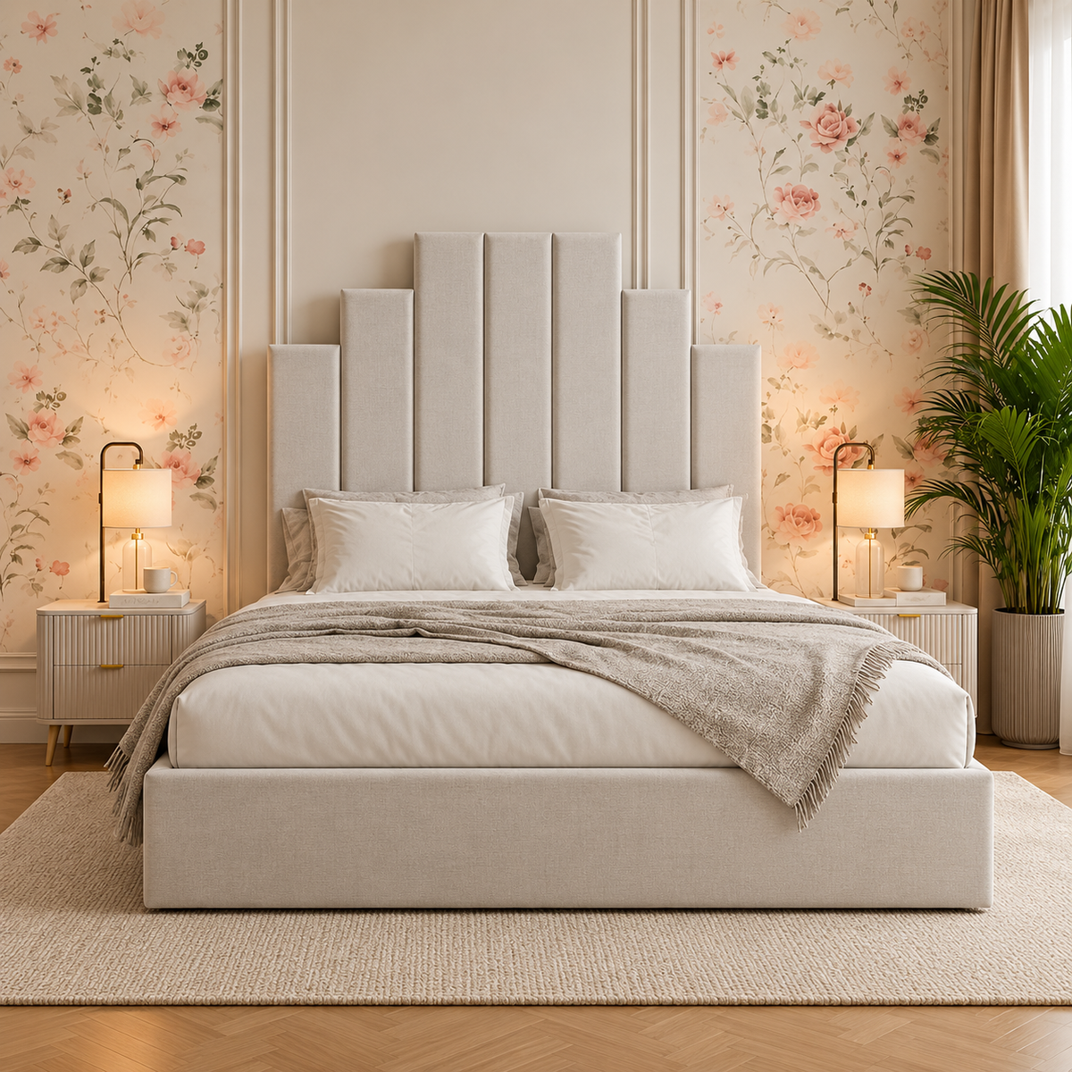Rosalind Contemporary Upholstered Bed, front view – room visualisation