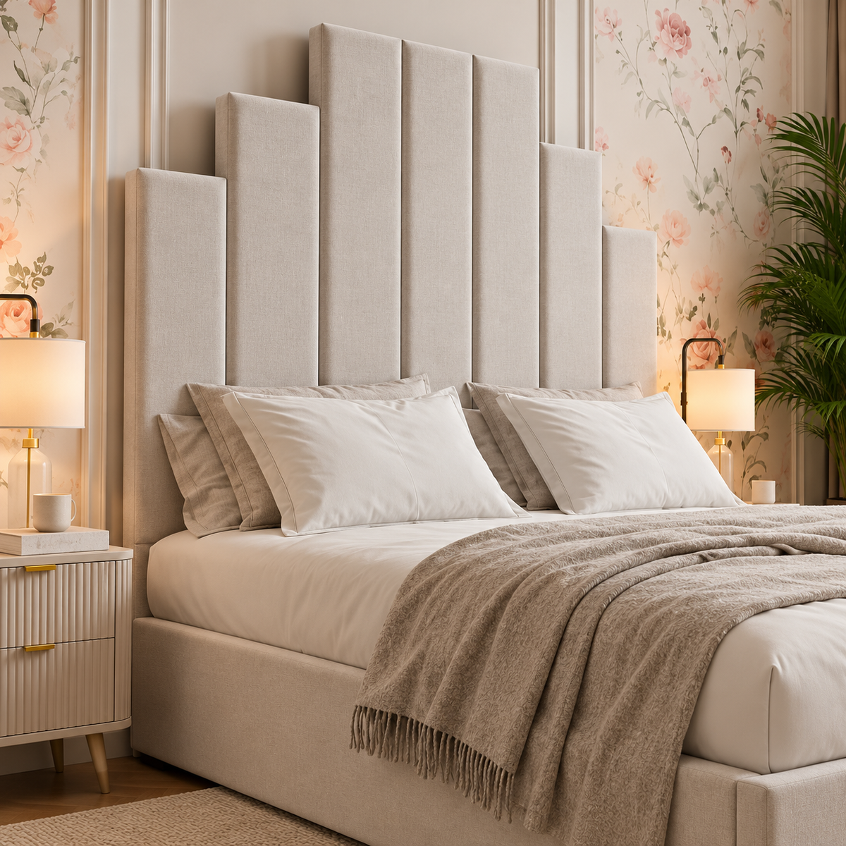 Rosalind Contemporary Upholstered Bed, headboard detail – room visualisation