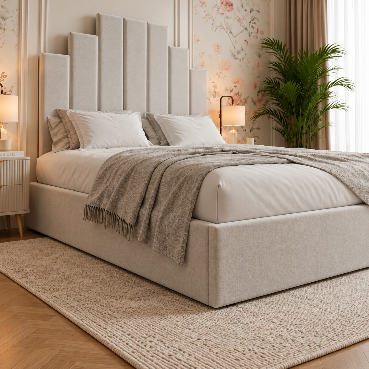 Rosalind Contemporary Upholstered Bed, footboard and side detail – room visualisation