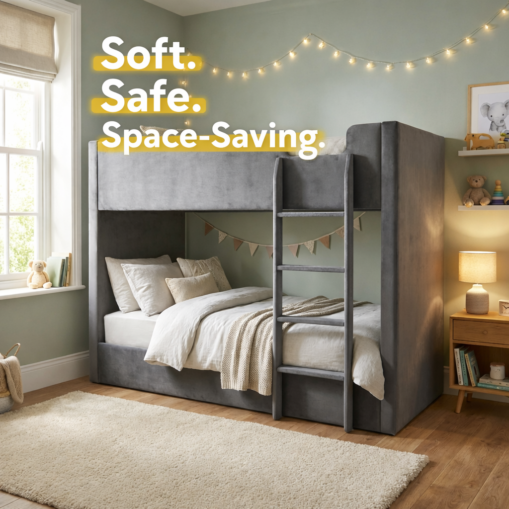 Soft safe space saving kids bunk bed upholstered frame